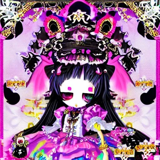 Image similar to baroque bedazzled gothic royalty frames surrounding a pixelsort emo demonic horrorcore japanese beautiful jester decora moe doll, low quality sharpened graphics, remastered chromatic aberration, detailed maximalist sanrio art