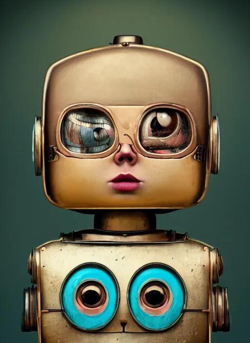 Image similar to closeup portrait of tin toy robot girl trap, depth of field, zeiss lens, detailed, symmetrical, centered, fashion photoshoot, by nicoletta ceccoli, mark ryden, lostfish, breathtaking, 8 k resolution, extremely detailed, beautiful, establishing shot, artistic, hyperrealistic, octane render