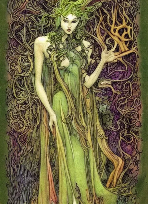 Prompt: junoesque fey queen, vine dress, glowing forest, strong line, eerie color, beautiful! coherent! by brian froud