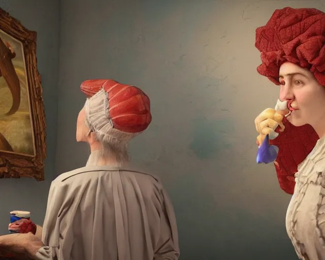 Image similar to an innocent and beautiful scene in hyper realistic style, about an old and lonely woman painting a huge colorful fish on the wall, and modeling a victorian dress. a huge and colorful fish sits on her head. 4 k. wide angle. wild. red mouth, blue eyes. deep focus, lovely scene. ambient occlusion render. unreal engine.