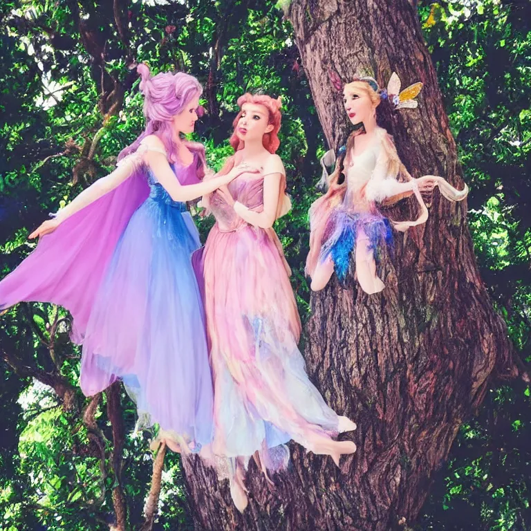 Image similar to a fairy and a disney princess having a conversation on top of a tall tree, aesthetic, pastel style, pastel coloring, beautiful angle