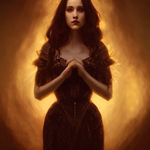 Image similar to majestic gracious regal aristocratic female brunette vampire portrait, atmospheric lighting, painted, menacing, intricate, volumetric lighting, beautiful, rich deep colours masterpiece, golden hour, sharp focus, ultra detailed, by leesha hannigan, ross tran, thierry doizon, kai carpenter, ignacio fernandez rios