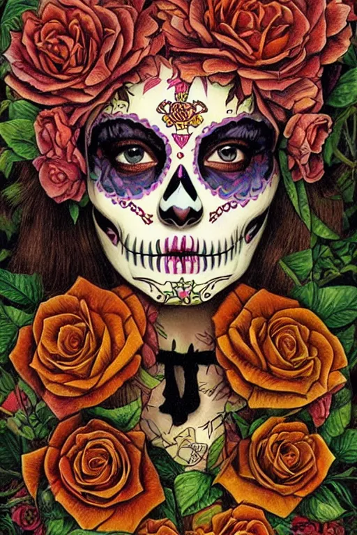 Prompt: Illustration of a sugar skull day of the dead girl, art by james c christensen