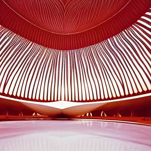 Prompt: architecrural photography, interior of a futuristic lotus temple with gold, red and white marble panels, in the desert, by buckminster fuller and syd mead, intricate contemporary architecture, photo journalism, photography, cinematic, national geographic photoshoot