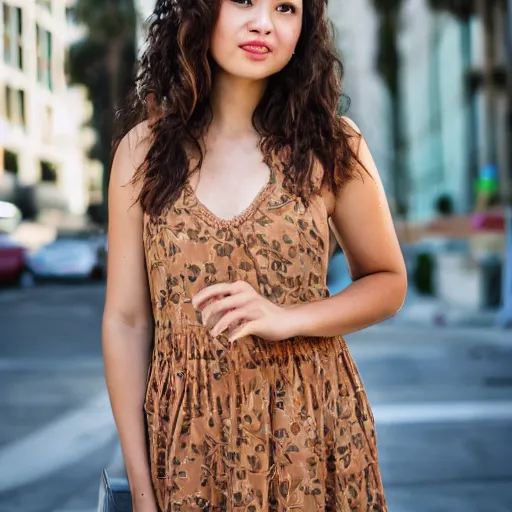 Image similar to photo of a beautiful, attractive brown hair woman, wearing a sundress, in downtown Los Angeles