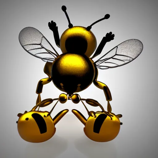 Image similar to 3d bee made of metal, shiny, playing drums onstage