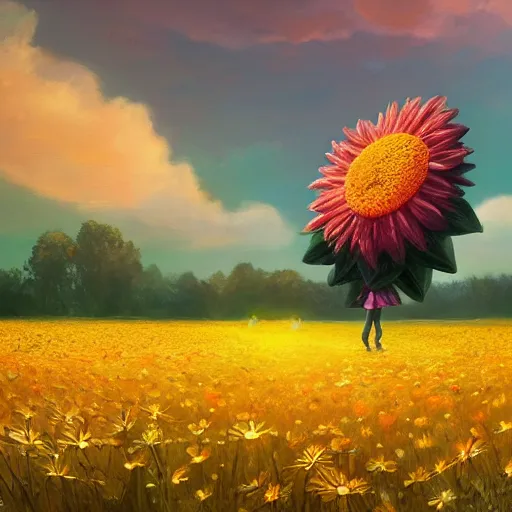 Image similar to giant daisy flower as a head, girl walking in flower field, surreal photography, sunrise, dramatic light, impressionist painting, colorful clouds, digital painting, artstation, simon stalenhag