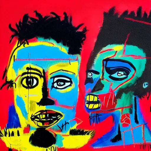 Prompt: man and woman, in the style of Basquiat