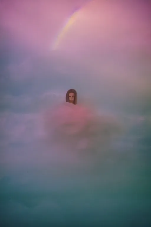 Image similar to high quality pastel coloured film close up wide angle photograph of a model wearing clothing resting on cloud furniture in a icelandic black rock environment in a partially haze filled dreamstate world. three point light, rainbow. photographic production. art directed. pastel colours. volumetric clouds. pastel gradient overlay. waves glitch artefacts. extreme facial clarity. 8 k. filmic.