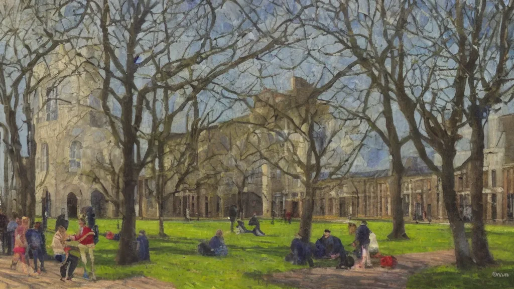 Image similar to impressionist oil painting of campus life at University college dublin