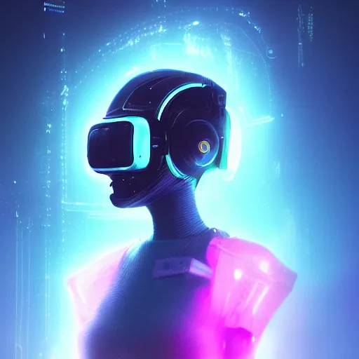 Image similar to cyberpunk concept cool girl cyborg bot, cinema 4 d, galaxy, ufo, space sci - fi, wearing vr goggles, illustration, portrait, pastel neon textured background night, trending on artstation, greg rutkowski, octane rendered, 1 2 k, detailed,