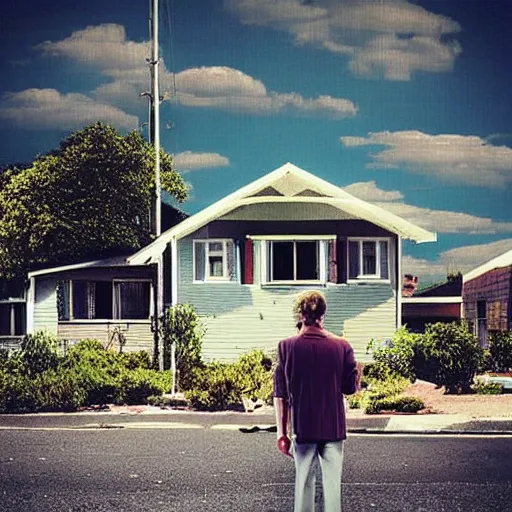 Prompt: “man with tv head in the suburbs, realistic, dreamlike, vibrant, suburban houses”