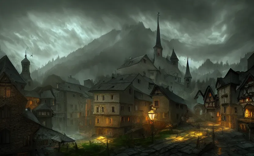 Image similar to extreme long shot concept art depicted old austrian enchanted town, dramatic mood, overcast mood, dark fantasy environment, league of legends, arcane, trending on artstation, unreal engine, golden ratio, spectacular composition, realistic architecture