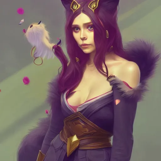 Prompt: Elizabeth Olsen as Ahri League of Legends with faux fur ears, highly detailed, digital painting, artstation, concept art, smooth, sharp focus, illustration, ArtStation, art by artgerm and greg rutkowski and alphonse mucha and Edmund Blair Leighton and Charlie Bowater and Peter Mohrbacher