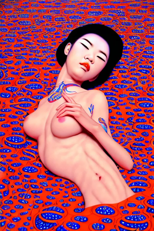 Image similar to realistic detailed image of a geisha laying down in a padded room, conjuring psychedelic background, part by yayoi kusama, part by alex gray, part by ross tran, part by james jean, ultra realistic, highly detailed, 8 k, trending on artstation, very cohesive, masterpiece