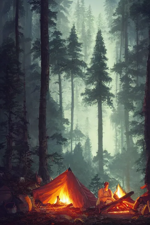 Prompt: a highly detailed matte painting of a camp fire in the forest at night by studio ghibli, makoto shinkai, by artgerm, by wlop, by greg rutkowski, volumetric lighting, cyberpunk, octane render, 4 k resolution, trending on artstation, masterpiece