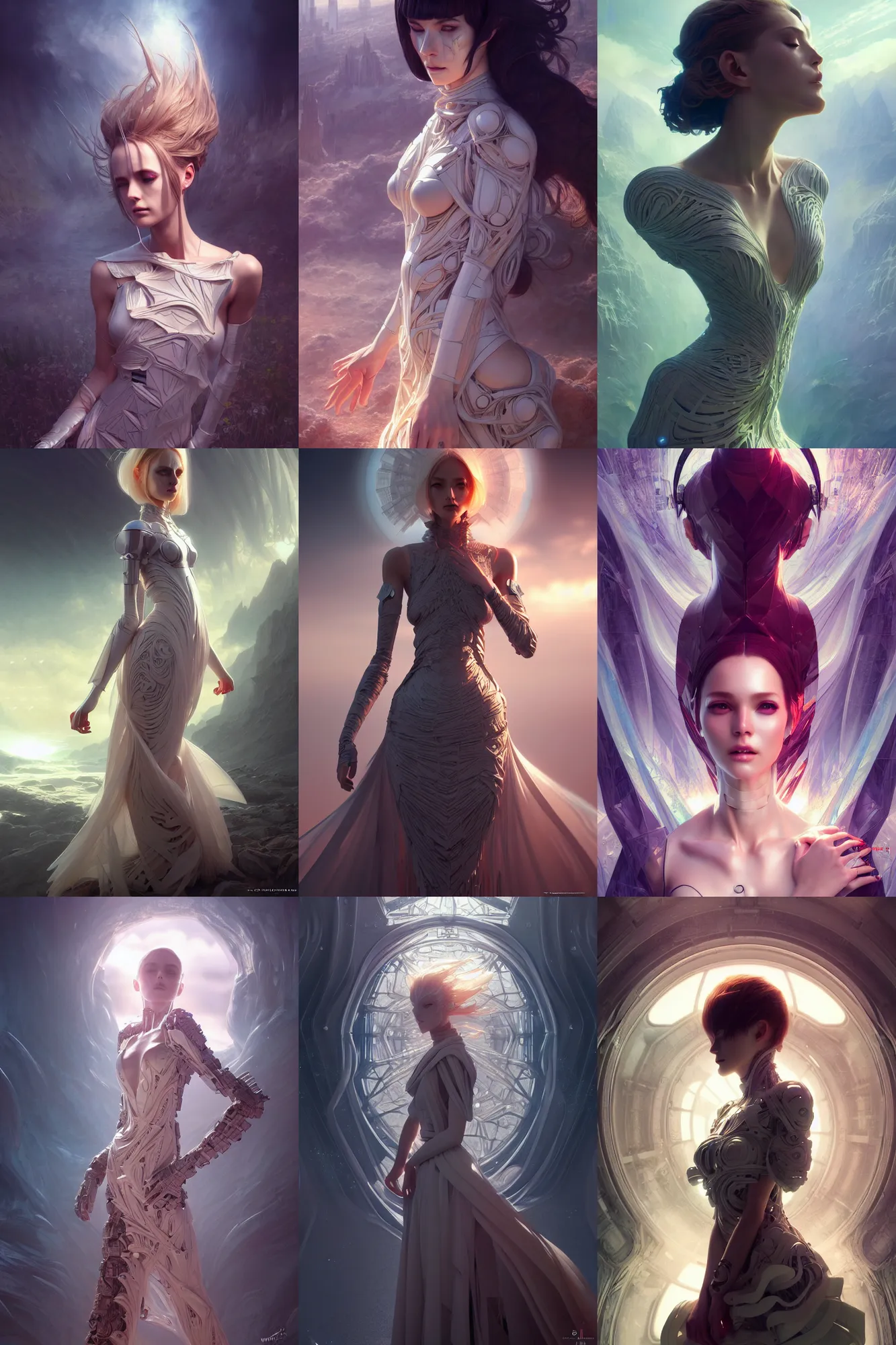 Prompt: crying! android! woman, fractal dress, octane render, emotional, fantasy, manga, concept art, pose, photorealistic, cover shot, intricate detailed environment. vogue, 8 k, hd. by terry o'neill and artgerm and wlop and loish and rutkowski and mucha