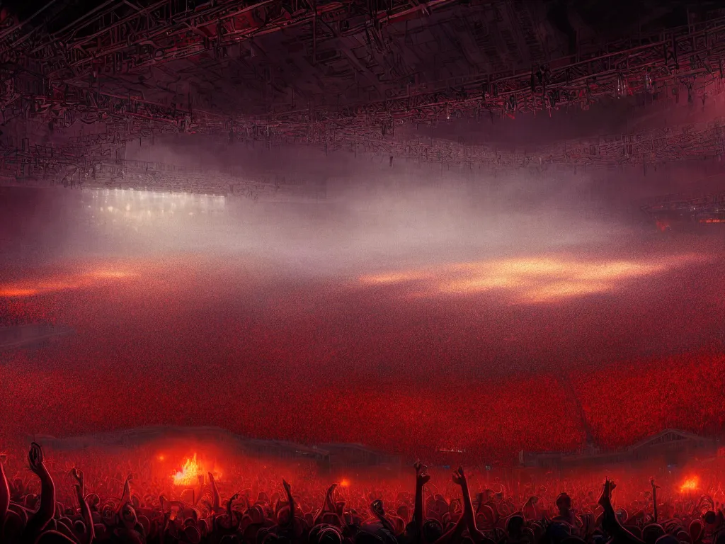 Image similar to a large concert stadium in hell, high contrast, stage lighting, pyrotechnics, ghibli animated film, volumetric lighting, octane render by stanley artgerm lau, greg rutkowski, thomas kindkade, alphonse mucha, loish, norman rockwel,