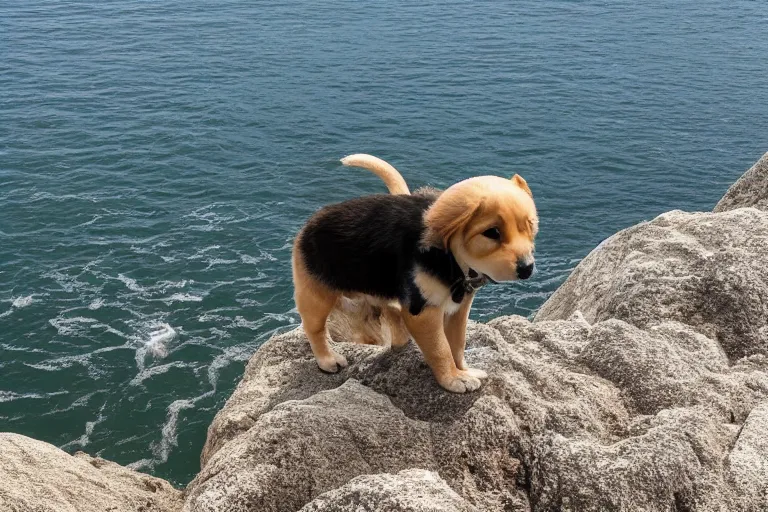 Image similar to a puppy is looking directly at the water below them while they stand at an edge