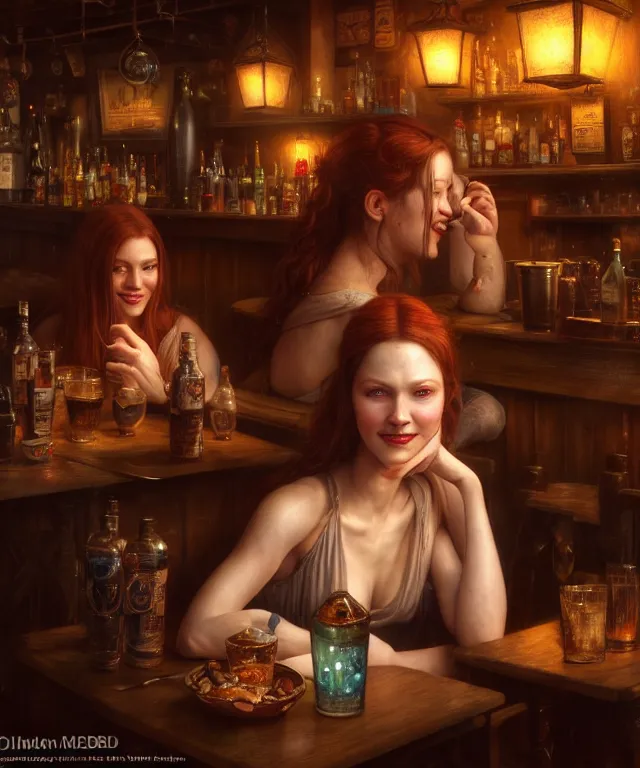 Image similar to hyperrealistic mixed media painting of a beautiful smiling charismatic barmaiden, dimly lit cozy tavern, confident relaxed pose, fantasy, stunning 3d render inspired art by Gerald Brom and Anna Dittmann + perfect facial symmetry + dim volumetric lighting, 8k octane beautifully detailed render, post-processing, extremely hyperdetailed, intricate, epic composition, grim yet sparkling atmosphere, cinematic lighting + masterpiece, trending on artstation, very very detailed, masterpiece, stunning