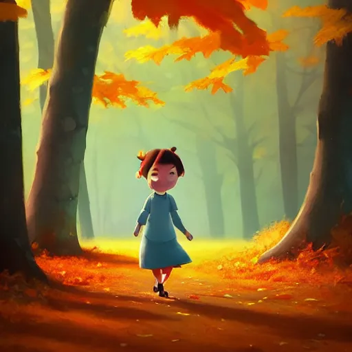 Image similar to goro fujita ilustration a beautiful little girl smiling, walking calmly through an autumn forest, characterized by samantha mash, character art, sharp focus, highly detailed, artstation