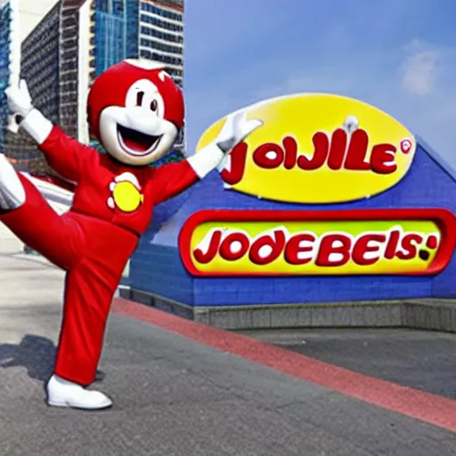 Prompt: Jollibee mascot destroying a city, stepping on a building