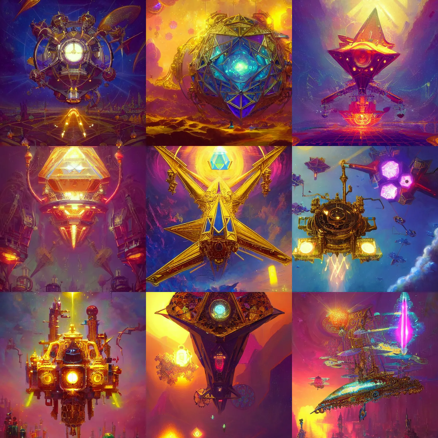 Prompt: ”mysterious flying diamond shaped steampunk artefact made of gold shining bright light, [bloom, cinematic, epic, light shafts, colorful, detailed, art by wlop and paul lehr, ornate and intricate]”