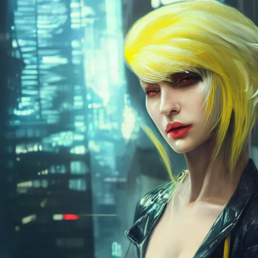 Image similar to A beautiful cyberpunk painting of a female hacker with white hair and yellow eyes by Wlop and ZeD, beautiful face, leather jacket, trending on artstation, pixiv, 4k, HDR, unreal engine