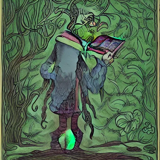 Prompt: a green magician that summons roots and flowers from the ground to get to a book in a bookshelf, low energy, cozy drawing