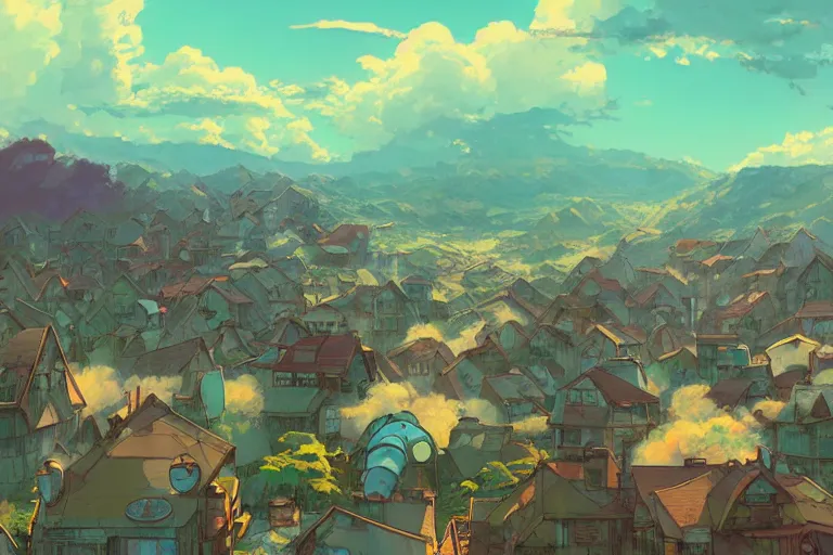 Prompt: abandoned steam punk village on a mountain look from above, fogged in the colorful clouds style of makoto shinkai studio ghibli, james gilleard greg rutkowski chiho aoshima, rule of thirds golden ratio, fake detail, trending pixiv fanbox