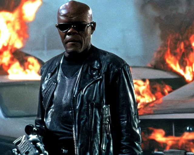 Prompt: Samuel L. Jackson plays Terminator wearing leather jacket and his endoskeleton is visible, walking out of flames
