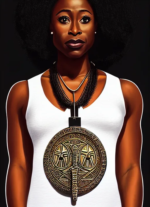 Prompt: portrait of Kirby Howell-Baptiste wearing a modern black tank top with an egyptian symbol ankh necklace, art nouveau, D&D, fantasy, intricate arcane wiccan designs, elegant, highly detailed, digital painting, artstation, concept art, matte, sharp focus, illustration, art by Artgerm and Greg Rutkowski and WLOP