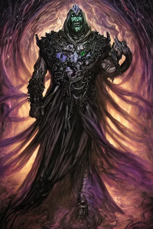 Image similar to portrait of hulking herculean ainz ooal gown undead lich, from overlord, warlock purple robes, magical electricity, upper body, fantasy, intricate, elegant, highly detailed, digital painting, artstation, concept art, sharp focus, illustration, art by luis royo, wayne barlowe, kirsi salonen, asya yoranova and alan lee