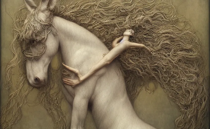 Image similar to horse rabbit hybrid character portrait by jean delville, tom bagshaw, brooke shaden, gustave dore and marco mazzoni, studio ghibli style, high fantasy, detailed fur, intricate details