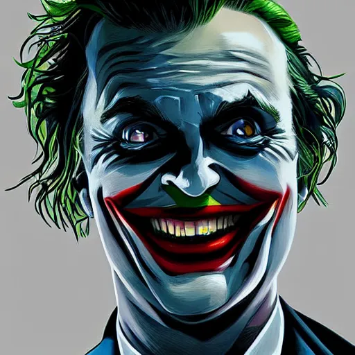 Image similar to the joker holding Margot Robbie printed pictures, digital painting, amazing detail, artstation, cgsociety