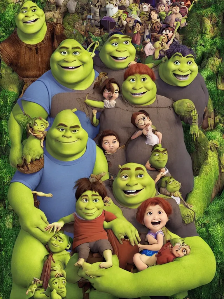 Image similar to shrek movie poster in the style of studio ghibli hayao miyazaki hd illustration