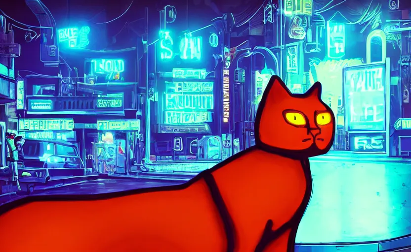 Image similar to Skinny orange cat in cyberpunk with neon signs and robots, very detailed, very photorealistic.