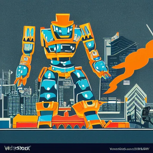 Image similar to giant samurai robot fighting a kaiju over tokyo city modern flat design style illustration with line elements