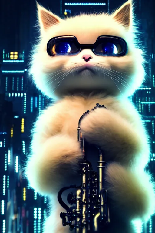 Prompt: high quality 3 d render very cute fluffy cyborg!! cat plays trumpet, cyberpunk highly detailed, unreal engine cinematic smooth, in the style of blade runner & detective pikachu, hannah yata charlie immer, moody light, low angle, uhd 8 k, sharp focus