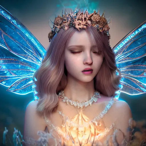 Image similar to portrait of fairy princess, glowing, ornate and intricate jewelry, jaw dropping beauty, glowing background lighting, white accent lighting, hyper detailed, fairy tale, 4 k octane render