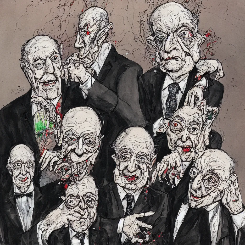 Prompt: Jacob Rothschild and george soros by Ralph Steadman, illustration, body horror, biopunk, 8k , trending on artstation