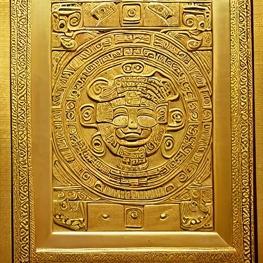 Prompt: ornate engraved carving of mayan calendar on a gold panel