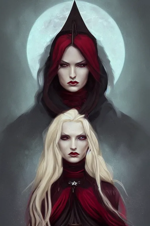 Image similar to female occultist, sweeping wild blonde hair, red eyes, portrait, high cheekbones, smug, evil, Victorian, black velvet dress, dark colors, ruby jewelry, fantasy painting, trending in Artstation, GSociety, by Charlie Bowater, Brom, Bastien Lecouffe-Deharme