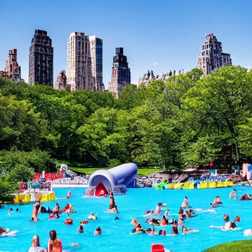 Image similar to photo of a large water park inside of central park. the new york city skyline is shown in the background.