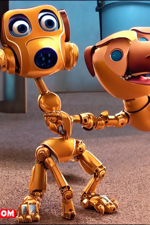 Image similar to Robot dog is trying to bite his own tail. By Disney Pixar 4K render 3d funny animation movie Oscar winning