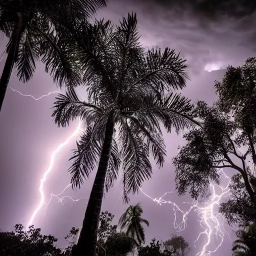 Prompt: detailed tropical island trees, rain, lightning treehouse. dramatic lighting.