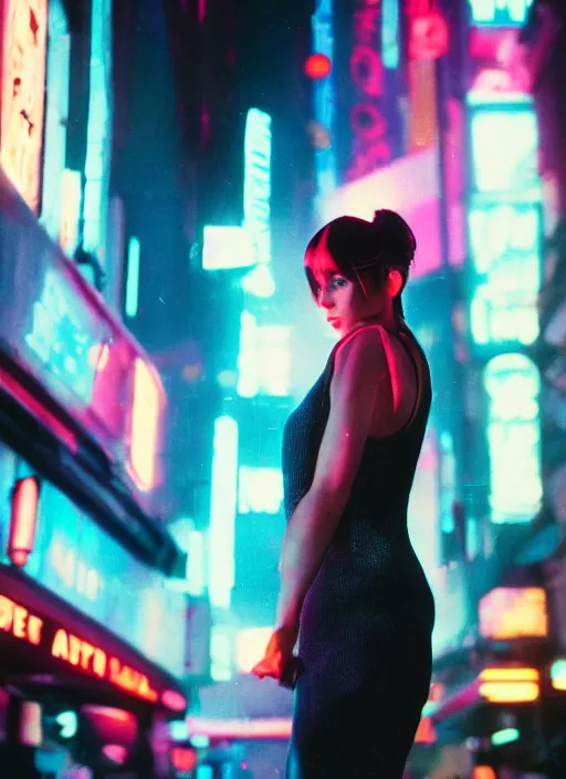 Image similar to A hyper realistic and detailed head portrait photography of a Rachael of Blade Runner on a futuristic street. by Cameron Hammond. Neo noir style. Cinematic. neon lights glow in the background. Cinestill 800T film. Lens flare. Helios 44m