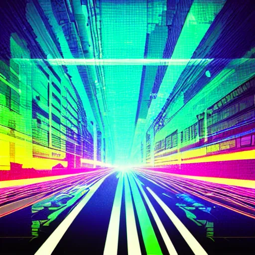 Prompt: a city street in the style of aertime, glitchart, glitch art, # glitchart, pixelsort, # pixelsort, synthwave, cyberpunk, vaporwave, deviantart