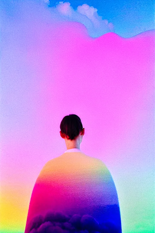 Image similar to high quality pastel coloured film close up wide angle photograph of a model wearing clothing resting on cloud furniture in a icelandic black rock!! environment in a partially haze filled dreamstate world. three point light, rainbow. photographic production. art directed. pastel colours. volumetric clouds. pastel gradient overlay. waves glitch artefacts. extreme facial clarity. 8 k. filmic.