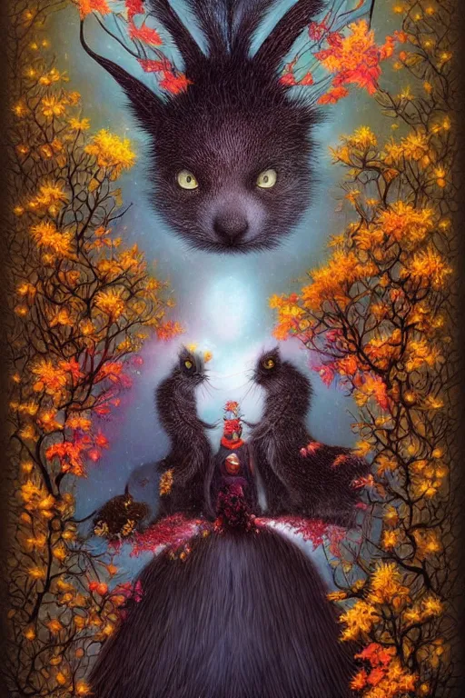 Prompt: surreal hybrid animals, fantasy, fairytale animals, evil black rabbits with highly rendered glassy eyes, flowerpunk, mysterious, vivid autumn colors, by andy kehoe